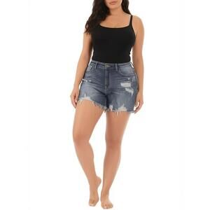 Judy Blue Denim Shorts Mid Rise 1XL Medium Wash Distressed Frayed Hem Stretchy